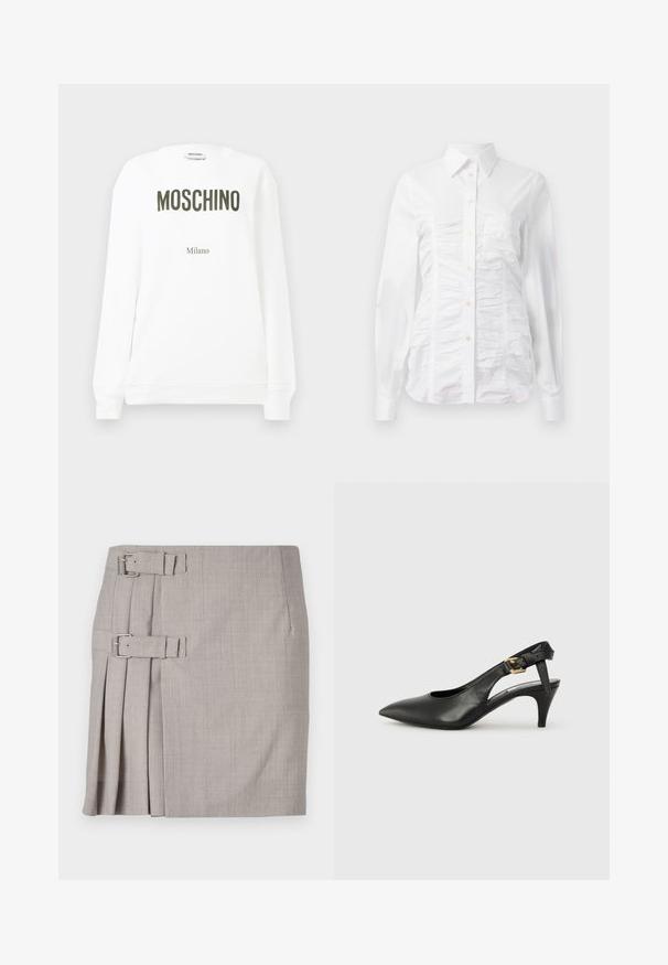Hvid sweatshirt med "MOSCHINO" i mørke olivengrøn skrift og "Milano" i mindre tekst nedenfor. Klassisk crewneck og ribkanter.; Hvid skjorte med lange ærmer, der har en rynket tekstur på fronten, små gyldne knapper og en klassisk krave.; Grå nederdel med struktureret stof, sidelæg og to spænde detaljer for justerbar pasform. Klassisk lige form, knælængde design.; Sorte læderslingback pumps med spids tå, lille hæl og en spænde detalje på ankelremmen. Glat tekstur, minimalistisk design.