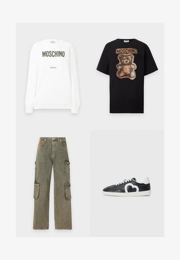 Biely svetrový pulóver s nápisom "MOSCHINO" v tmavo olivovom písmene a menším textom "Milano" nižšie. Klasický okrúhly výstrih a rebrované manžety.; Čierne tričko s krátkym rukávom s grafickým motívom medvedíka v medenej farbe a výrazným nápisom "MOSCHINO" nad medvedíkom na hrudi.; Nohavice typu cargo v šedozelenom denime, s vysokým pásom, širokými nohavicami, dvoma postrannými cargo vreckami a textúrovanou hnedou nášivkou na prednej strane.; Čierna nízka teniska s bielymi šnúrkami, bielou podrážkou a bielym srdcovým vzorom na boku.