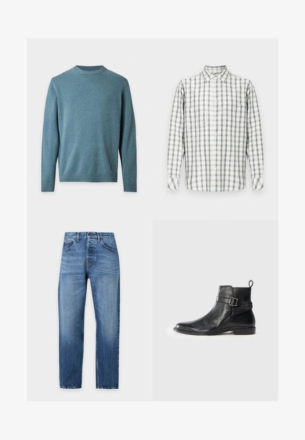 Blå strikket sweater med rund hals og lange ærmer, med ribstrikkede ærmeafslutninger og kant, vist på hvid baggrund.; Langærmet skjorte med knapper i hvid, grå og sort ternet mønster og en enkelt brystlomme mod en ensfarvet baggrund.; Blå denimjeans med lige ben, falmet vask, frontknap og lynlås samt standard design med fem lommer.; Sorte læder ankelstøvler med rund tå, sidespænde detaljer og en løkkerings på hælen. Flad sål med en subtil glansfinish.