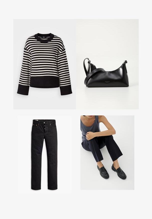 Gestreifter Pullover in Schwarz und Weiß, mit Rundhalsausschnitt, lockerer Passform und gerippten Bündchen, aus weichem Strickmaterial gefertigt.; Schwarze Denim-Jeans mit geradem Schnitt, Fünf-Taschen-Design und Knopfverschluss. Mit Kupfennieten und Nähtelementen.; Schwarze Leder-Loafer mit strukturierten Akzenten, niedrigem Absatz, rundem Zehenbereich und sichtbarer Naht. Das Modell trägt dunkle Hosen und ein graues Oberteil.; Schwarze lederne Handtasche mit glatter Textur. Verfügt über einen verstellbaren Riemen und ein elegantes, minimalistisches Design mit einem Reißverschluss.