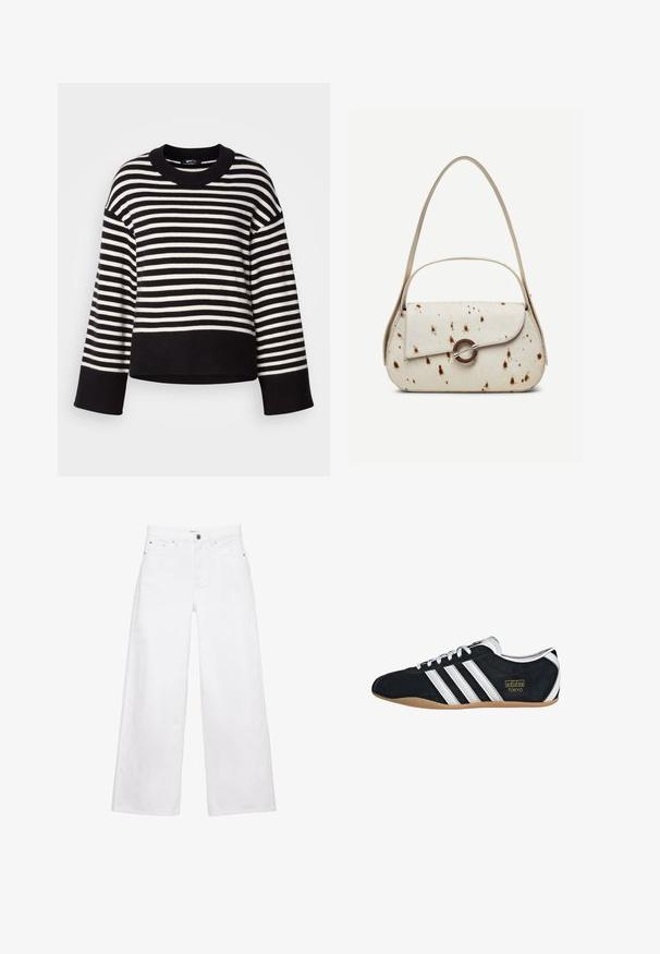 Pull rayé noir et blanc, doté d'un col rond, d'une coupe ample et de poignets côtelés, fabriqué en matériau tricoté doux.; Jean blanc à jambes larges en denim, doté de poches avant, d'une fermeture par bouton et d'une coupe droite. Aucun motif ou ornement visible.; Sneakers en suede noir avec trois bandes blanches, logo doré et semelle en caoutchouc marron. Présente un design à lacets à profil bas.; Sac à main couleur crème avec des taches marron, rabat incurvé avec une fermeture métallique circulaire, doté de deux fines anses, dont une plus longue pour porter à l'épaule.