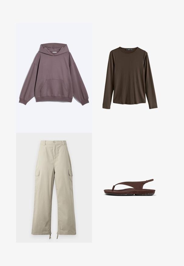 Oversized mauve hættetrøje med lange ærmer, kængurulomme, ribstrikkede manchetter og kant samt en løs hætte, vist på ensfarvet baggrund.; Brun langærmet skjorte lavet af glat stof. Har en rund halsudskæring og lige kant, uden synlige mønstre eller accenter.; Lys beige cargo bukser med en afslappet pasform, der har knaplukning, sidelommer og justerbar kant med snore. Glat stoftekstur.; Brune lædersandaler med en tå-ring, en justerbar bagrem og en tekstureret sort sål med hvide prikker.