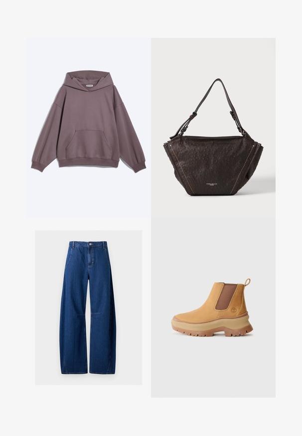 Oversized mauve hættetrøje med lange ærmer, kængurulomme, ribstrikkede manchetter og kant samt en løs hætte, vist på ensfarvet baggrund.; Mørkeblå jeans med høj talje og vide ben, med frontknap, lynlås, sidelommer og syninger ved knæene.; Brune læder ankelstøvle med elastiske sidepaneler, afrundet tå og tyk gummisål med dyb profil; har en trækstrop bag på hælen.; Mørkebrun tekstureret håndtaske med bred bund, smal top, enkelt skulderrem og synlige syninger på en ensartet lys baggrund.