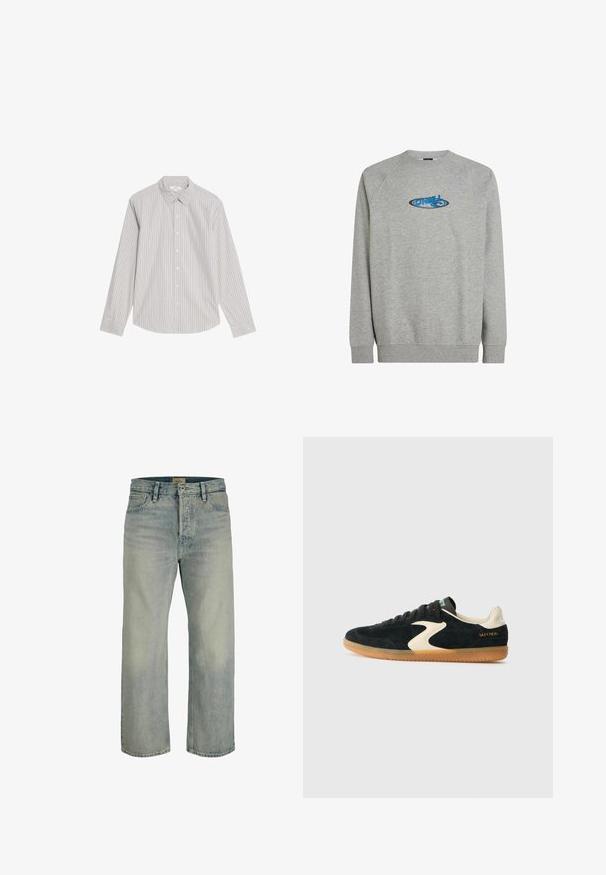 Sweat-shirt gris avec un col rond, des manches raglan et des poignets côtelés. Présente un logo bleu et noir au centre devant.; Marks & Spencer STRIPED OXFORD - Chemise - natural mix; Jeans en denim bleu clair à coupe droite, avec poches avant, passants pour ceinture et fermeture par bouton.; Baskets en daim noire avec une accent crème et une semelle en gomme. Elles disposent de lacets plats, d'un bout arrondi et de "SKECHERS" imprimé en or sur le talon.