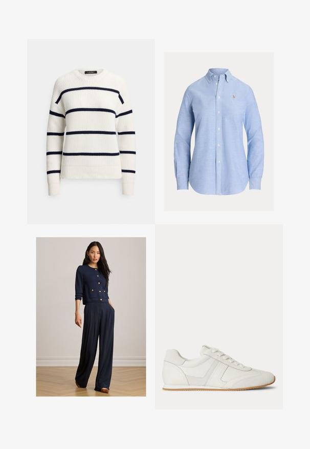 Hvid strikket sweater med marineblå horisontale striber, rund halsudskæring, ribbestrikkede manchetter og kant. Tekstureret stof med en afslappet pasform.; Lyseblå skjorte med lange ærmer og knapper, med knappelukket krave og lille broderet logo på venstre bryst.; Kvinde iført navyblå knappet cardigan med guldknapper og vide bukser, stående på trægulv mod en ensfarvet væg.; Hvid lavtop sneaker med snørelukning foran, ruskind- og læderpaneler og en lysebrun gummisål på en hvid baggrund.
