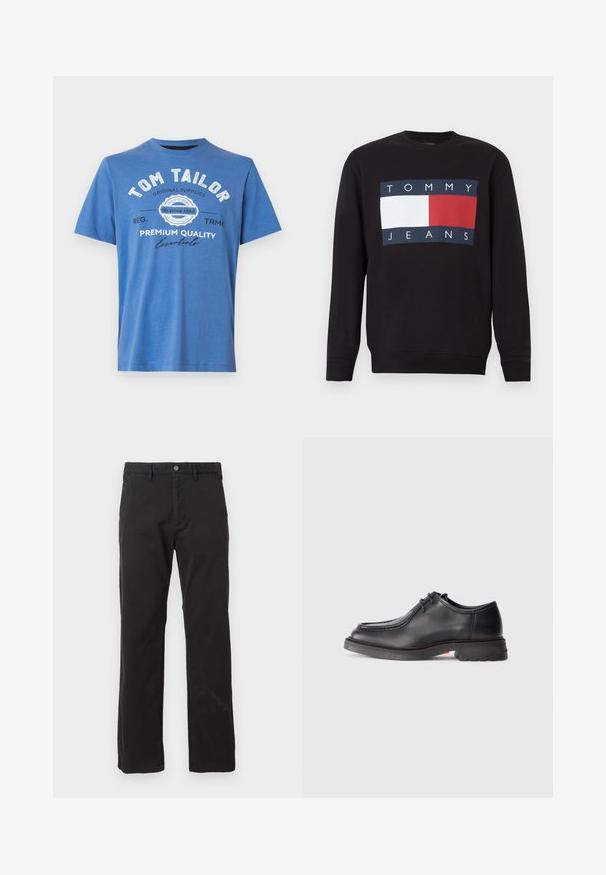Sudadera de manga larga negra con cuello redondo de Tommy Jeans, que presenta una bandera rectangular en azul marino, blanco y rojo en el pecho.; Camiseta de algodón de manga corta en color azul. Presenta texto impreso con "TOM TAILOR" y logo. Cuello redondo clásico y dobladillo recto.; Pantalones negros de algodón, con corte recto, bolsillos frontales y cierre con botón, con una textura suave. Sin patrones visibles.; Zapato de cuero negro con textura suave, punta redonda y costura grabada poco profunda. Suela de goma gruesa con un ligero tacón y patrón de agarre.