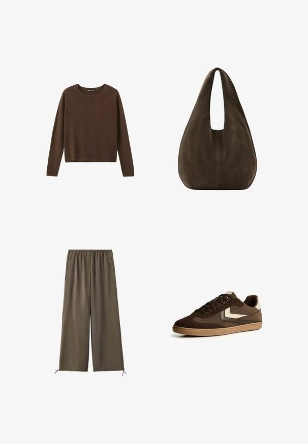 Pull marron à manches longues avec un col rond, un design simple et uni, et un col, des poignets et un ourlet côtelés.; Pantalon vert olive ample avec taille élastique et cordons au bas, présenté à plat sur fond blanc.; Baskets basses en suédine et tissu marron avec des accents beiges, semelle en caoutchouc, fermeture à lacets et design minimaliste sur fond blanc.; Sac hobo en daim marron foncé doux avec une large bandoulière unique et un fond arrondi sur fond blanc.