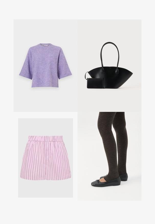 Lavendelkleurige trui met korte mouwen, ronde hals en een losse pasvorm. Zachte textuur, licht gemêleerd ontwerp en onafgewerkte zoom.; Roze gestreepte shorts met een elastische tailleband, knoopsluiting en verticale marineblauwe strepen, met een klein logo detail aan de zoom.; Benen met donkere geribbelde leggings gecombineerd met zwarte ballerina's met kleine strikdetails op een witte achtergrond.; Zwarte leren handtas met lange handvatten en een bijpassend klein ritstasje tegen een effen achtergrond.
