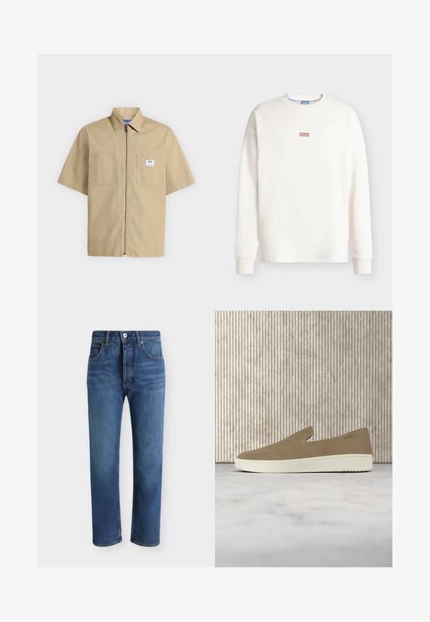 Sweat-shirt blanc à manches longues avec col rond, petit logo brun « HUGO » sur la poitrine et une étiquette bleue à l’intérieur du col.; Chemise beige à manches courtes avec fermeture éclair à l'avant, deux poches poitrine et un petit patch logo blanc sur la poche droite.; Jean en denim bleu coupe droite avec fermeture avant par bouton et zip, poches avant et passants de ceinture sur un fond uni.; Chaussure beige sans lacets avec semelle blanche, présentée en suspension sur un tapis clair avec un mobilier transparent de couleur ambre en arrière-plan.