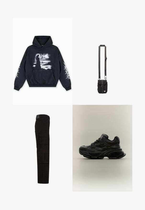 Schwarzer Hoodie mit einem vorderen Grafikdruck einer Figur vor einem wolkigen Hintergrund. Enthält eine Kängurutasche und Sternmuster auf den Ärmeln.; Schwarze Cargohose mit mehreren großen Überschlagtaschen, Gürtelschlaufen und geradem Beinanschnitt, seitlich dargestellt.; Schwarzer klobiger Sneaker mit strukturiertem Design, dicker Sohle und Schnürverschluss vor schlichtem neutralem Hintergrund.; Schwarze Stoff-Crossbody-Tasche mit verstellbarem Riemen, Klappe vorne und Reißverschlusstasche. Mit gebrandeten Beschlägen und kompaktem rechteckigem Design.