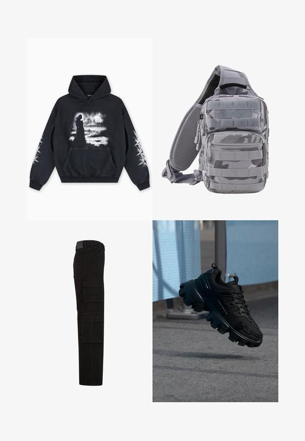 Sweat à capuche noir présentant un imprimé graphique au centre montrant une silhouette sur un fond nuageux. Comprend une poche kangourou et des motifs d'étoiles sur les manches.; Pantalon cargo noir avec plusieurs grandes poches à rabat, passants de ceinture, et une coupe droite, vu de côté.; Baskets noires épaisses avec semelle à crampons épais flottant au-dessus d'un trottoir gris, sur un fond bleu clair et gris flou.; Brandit US COOPER EVERYDAYCARRY-SLING - Sac bandoulière - blizzard camo