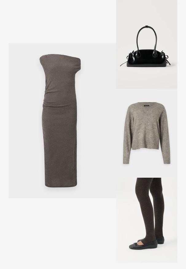 V-hals, langærmet sweater i lysegrå strikket stof med ribbet kant. Let vægt, let cropped design med afslappet pasform.; Off-shoulder, tætsiddende kjole i mørkegrå ribbet stof, med sideliv og en lige silhuet, der når under knæet.; Ben iført mørke ribbede leggings kombineret med sorte balletsko med små sløjfedetaljer på hvid baggrund.; Lille sort blank håndtaske med to lange håndtag og snøre-detaljer i siden på en ensfarvet lys baggrund.