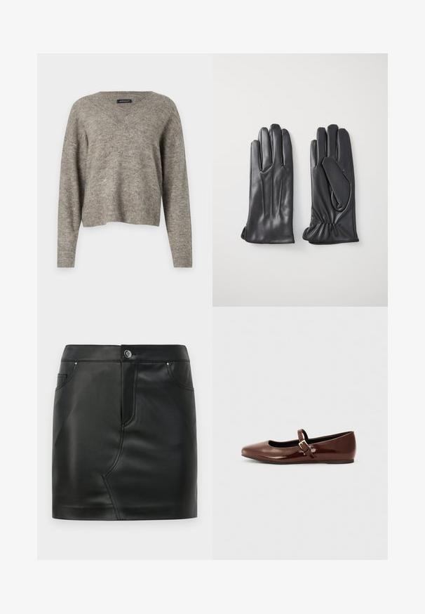 V-hals, langærmet sweater i lysegrå strikket stof med ribbet kant. Let vægt, let cropped design med afslappet pasform.; Sort faux læder mini nederdel med frontknap, lynlås lukning, front- og baglommer samt sømdetaljer.; Brun patentlæder balletflade med firkantet tå og strop med en lille guldbuckle. Glat tekstur, lav hæl og minimalistisk design.; Et par sorte læderhandsker, den ene med håndfladen opad, der viser tommelfingerens syninger og elastisk håndled, den anden med håndfladen nedad med enkle sømdetaljer.