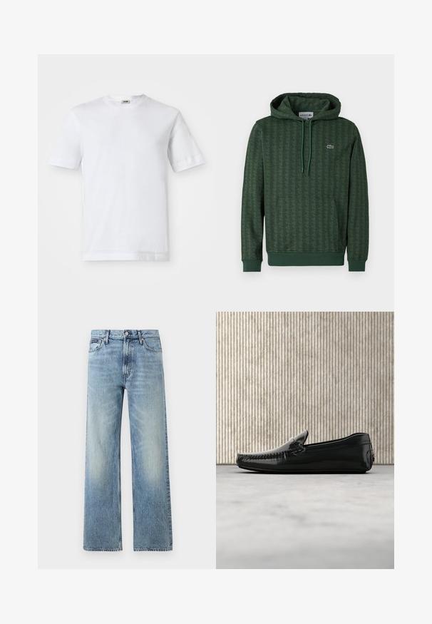 Sudadera verde con un patrón geométrico, capucha con cordón y puños acanalados. Logo de Lacoste en un color de contraste en el pecho.; Camiseta de algodón blanca con mangas cortas, escote redondo y una textura suave. No se observan patrones ni detalles.; Vaqueros de mezclilla azul claro de corte recto con cintura alta, cinco bolsillos, cierre de botón y sutil desgaste en los muslos y las rodillas.; Mocasines de cuero negro con un acabado brillante, punta redonda y herrajes decorativos en la parte delantera. Suela de goma de bajo perfil. Textura suave.