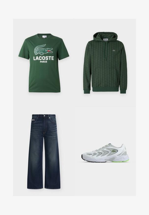 Groene hoodie met een geometrisch patroon, trekkoordcapuchon en ribgebreide manchetten. Lacoste-logo in contrasterende kleur op de borst.; Groen T-shirt met korte mouwen en een grote witte en rode grafische krokodil boven de tekst "LACOSTE PARIS" aan de voorkant.; Donkerblauwe denim jeans met wijde pijpen, voorzakken, riemlussen, knoopsluiting en subtiele vervaging op dijen en knieën.; Witte en grijze sportschoen met groene accenten en logo, meshpanelen en een dikke, gedempte zool, zijaanzicht op een effen achtergrond.