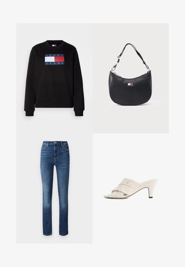Zwarte sweatshirt met ronde hals, voorzien van een rechthoekig logo in blauw, rood en wit met de tekst "TOMMY JEANS." Zachte textuur, casual pasvorm.; Donkerblauwe denim jeans met een rechte pasvorm, vijfzakkenstijl en subtiele slijtage aan de voorkant voor een extra textuur.; Beige hoge hakken mules met een gedraaide lederen band, open teen en een reliëf logo-accent. De hak heeft een zwarte puntdetail.; Zwarte leren schoudertas met een gebogen vorm, zilverkleurige hardware en een opvallende logopatch met blauw, rood en wit.