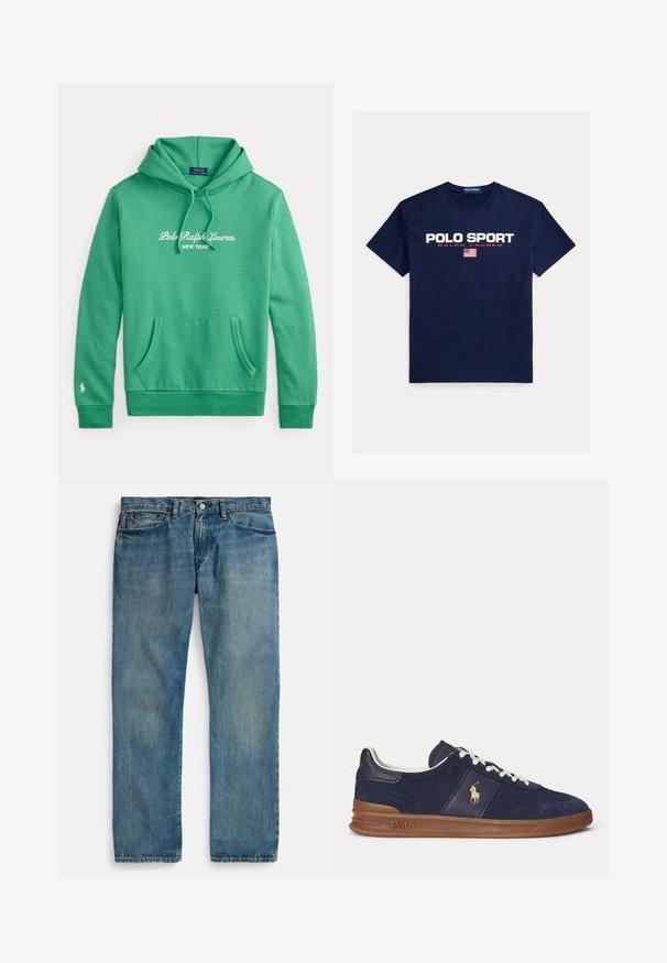 Grøn hættetrøje med lomme foran, "Polo Ralph Lauren New York" hvid tekst på brystet og lille hvidt logo på venstre ærmekant.; Marineblå bomuld T-shirt med "POLO SPORT" i fed hvid og rød tekst, "RALPH LAUREN" samt et amerikansk flag. Rund hals, korte ærmer.; Lyseblå denimjeans med lige ben, der har fem lommer, lukning med knap og diskret falmet effekt for tekstur.; Mørkeblå lavtopsneaker med hvide snørebånd, brun sål og Polo-spiller logo på siden, set fra venstre.