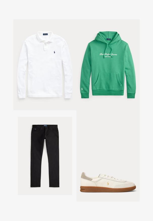 Zelená mikina s kapucňou a predným vreckom, "Polo Ralph Lauren New York" biely text na hrudi a malé biele logo na manžete ľavého rukáva.; Biela polo košeľa s dlhým rukávom, golierom, dvojgombíkovou légou a malým tmavomodrým vyšitým logom koňa na ľavej hrudi.; Čierne úzke džíny z denimu s piatimi vreckami, pútkami na opasok a modrou značkovou štítkom na páse. Hladká, odolná látka.; Biela kožená nízka teniska s hnedou gumovou podrážkou, béžovým semišovým náplasťou na päte a malým zlatým logom Polo na boku.