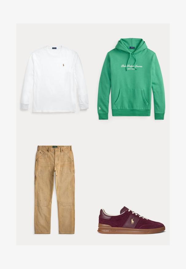 Grüner Kapuzenpullover mit Fronttasche, "Polo Ralph Lauren New York" weißer Schrift auf der Brust und kleinem weißen Logo am linken Ärmelbündchen.; Weißes Langarmshirt mit Rundhalsausschnitt und kleinem besticktem Polo Ralph Lauren-Logo auf der linken Brust.; Tan Zimmermannhose mit verstärkten Knien, mehreren Taschen, Gürtelschlaufen und Farbspritzern, auf einem weißen Hintergrund flach ausgelegt.; Flacher Sneaker aus bordeauxfarbenem Wildleder und Leder mit weißen Schnürsenkeln, brauner Sohle und Polo-Logo an der Seite.