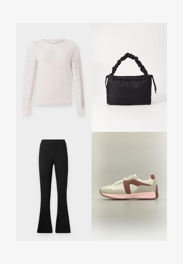 Lyse beige sweater lavet af strikket stof, med et bladmønster og ribkantede ærmer og nederkant. Rund hals og lange ærmer.; Sorte ribbede flared bukser med høj talje. Det bløde, elastiske materiale giver en tætsiddende silhuet og en flared bund for stil og komfort.; Sneakers med en overdel i hvid og lys beige, brune ruskindsdetaljer, pink mellemsål og tekstureret brun ydersål. Snørelukning med afrundet tå.; Sort taske lavet af blødt, glat stof. Har et sammensnoet håndtag og en snørrelukning, med en rektangulær form og ingen synlig hardware.