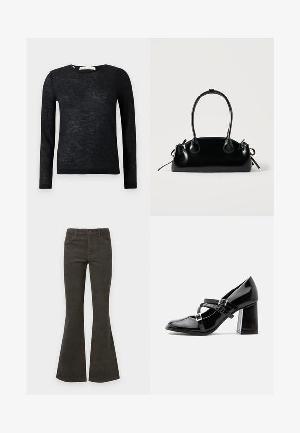 Pull en maille légère noire à manches longues et col rond, avec une texture finement tricotée et des poignets et un ourlet côtelés.; Pantalons en velours côtelé évasés de couleur vert olive foncé, dotés d'une fermeture à bouton et zip, de cinq poches et d'une texture nervurée subtile.; Chaussure à talon haut style Mary Jane noire brillante avec trois brides à boucle et un talon bloc épais, vue de profil sur fond blanc.; Petit sac à main noir brillant avec deux longues anses et des détails à cordon sur les côtés sur un fond clair uni.