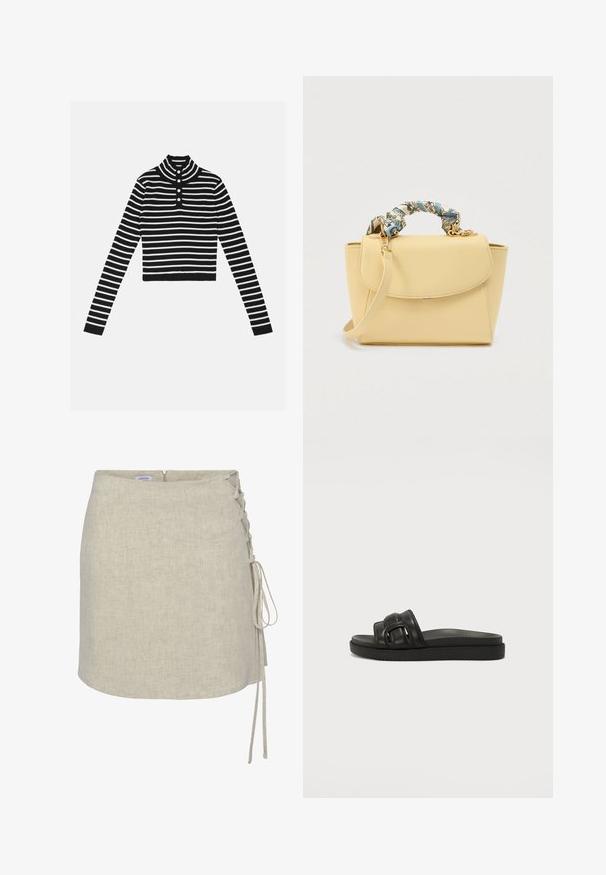 Zwart-wit gestreepte cropped trui met hoge kraag en een sluiting met drie knopen. Voorzien van lange mouwen en een geribbelde textuur.; Beige linnen wikkelrok met een lacing-detail aan de linkerzijde, een rechte snit en een ritssluiting aan de achterkant. Soepele, gestructureerde stof.; Zwarte slipper met twee gevoerde banden en een platte, gevoerde zool, van de zijkant getoond op een effen lichte achtergrond.; Kleine beige handtas met met stof omwikkeld handvat in blauw- en crèmekleurige patronen, klep met sluiting en afneembare schouderriem op witte achtergrond.