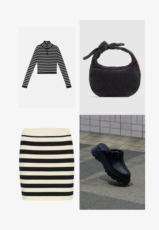 Sort og hvid stribet cropped sweater med høj krave og tre knap stolpe. Har lange ærmer og ribbet tekstur.; Sort og creme stribet strikskørt, tætsiddende pasform, med ribbet talje. Vandre striber skifter bredde for visuel tekstur.; Sort slip-on træsko med tyk rillede sål og justerbar rem, placeret over asfalt med flisebelagt væg i baggrunden.; Lille sort denim skuldertaske med knyttet rem og lynlåslukning, med en rød Levi's stofetiket på siden.