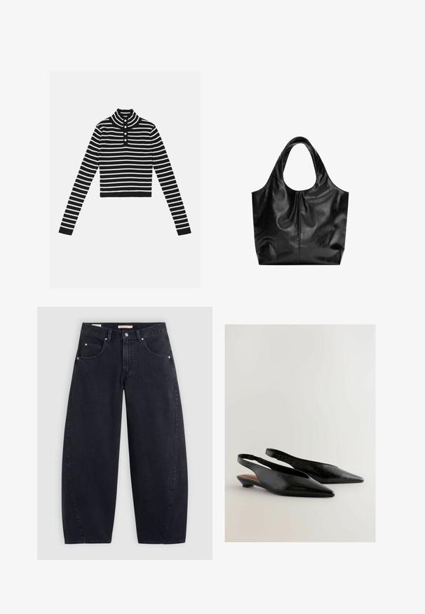 Pull court rayé noir et blanc avec un col montant et une patte de boutonnage à trois boutons. Il présente des manches longues et une texture côtelée.; Jean large en denim noir à taille haute, avec deux poches avant et des accessoires en argent. Texture lisse, détails de couture minimaux et coupe droite.; Des chaussures à talons ouverts noires avec un design à bout pointu, présentant une surface texturée et un petit talon carré. L'intérieur a un accent marron.; Sac fourre-tout en cuir noir avec une texture lisse, un haut arrondi doux et de larges poignées. Présente une couture minimale et une silhouette décontractée.
