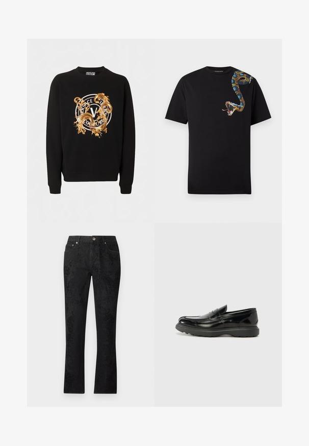 Sweat-shirt noir à col rond avec un motif ornemental doré et un logo circulaire blanc portant l'inscription "Versace Jeans Couture" à l'avant.; T-shirt noir à manches courtes avec un motif coloré de serpent enroulé de l'épaule à la poitrine, bouche ouverte et langue tirée.; Jean noir à jambes droites avec un motif jacquard floral subtil, bouton à l'avant, passants de ceinture, et conception à cinq poches.; Mocassin en cuir noir avec une finition brillante, bout arrondi, détails de couture subtils et semelle en caoutchouc épaisse pour la durabilité.