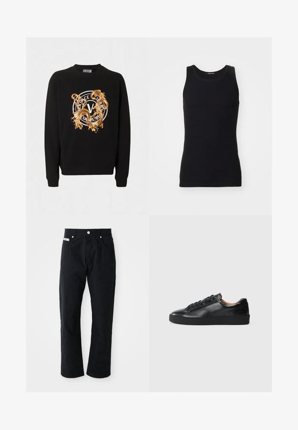 Zwarte crewneck sweater met goudkleurig decoratief ontwerp en wit rond logo met de tekst "Versace Jeans Couture" op de voorkant.; Zwarte tanktop gemaakt van een gladde, rekbare stof. Heeft een ronde halslijn en geen mouwen, met een slim fit en een eenvoudig ontwerp.; Zwarte katoenen broek met een recht model, vijf zakken, zilverkleurige hardware en een subtiel gestructureerd oppervlak.; Zwarte leren sneaker met een gladde textuur, ronde neus en vetersluiting. Heeft een dikke rubberen zool en minimale merkaanpassing.