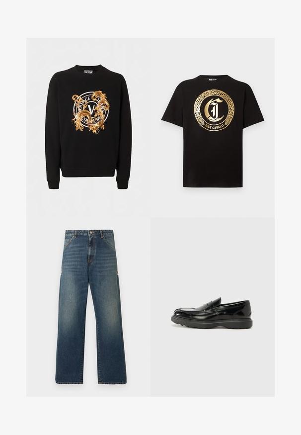 Sweat-shirt noir à col rond avec un motif ornemental doré et un logo circulaire blanc portant l'inscription "Versace Jeans Couture" à l'avant.; T-shirt noir à manches courtes avec un grand motif circulaire doré représentant un serpent et une lettre "J" ornée au centre, texte "JUST CAVALLI" en dessous.; Jean en denim bleu à jambes droites avec taille mi-haute, design classique à cinq poches et légère décoloration subtile sur les cuisses et les genoux.; Mocassin en cuir noir avec une finition brillante, bout arrondi, détails de couture subtils et semelle en caoutchouc épaisse pour la durabilité.