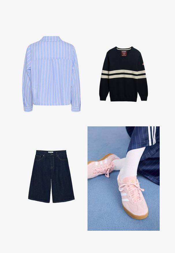 Marineblå v-hals sweater med cremefarvede vandrette striber og ribkanter. Har mærkelabel på halsen og en lille amerikansk flagdetalje på ærmet.; Lyseblå skjorte med lodrette hvide og pink striber, krave og lange ærmer, der har en rygplyt og knaplukninger ved ærmerne.; Mørkeblå denim knælange shorts med knap- og lynlåslukning, lommer foran og bagpå samt kontrastsyning.; Lyserøde ruskinds sneakers med hvide striber og snørebånd, udstyret med en struktureret tunge og en gummisål, placeret på et blåt tæppe.