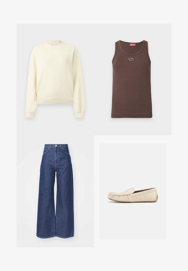 Langärmliges Sweatshirt in Cremefarbe mit Rundhalsausschnitt, gerippten Bündchen und Saum, präsentiert vor einem schlichten hellgrauen Hintergrund.; Braunes geripptes Tanktop aus weichem Material mit rundem Ausschnitt, versehen mit einem kleinen silbernen Logo auf der Brust und einem roten Label am Kragen.; Hellebeinsjeans aus dunkelblauem Denim. Hohe Taille mit Reißverschluss und Knopfverschluss. Klassische Fünf-Taschen-Optik und gesäumte Kanten.; Beiger, strukturierten Leder-Slipper mit Mokassin-ähnlicher Naht und Gummisohle, seitlich auf weißem Hintergrund gezeigt.