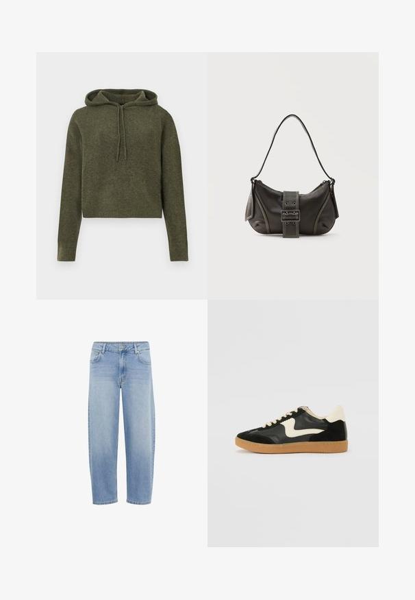 Afkortet, olivengrønt hættetrøje lavet af tekstureret stof. Har en snor i hætten og ribbede manchetter og kant. Lange ærmer, simpelt design.; Lyseblå denimbukser med løst, lige ben-design, fem lommer og lynlås. Har kontrastsyning og en let vask.; Sorte ruskinds- og lædersneakers med en cremefarvet side-swoosh og lys cremefarvet hæl. Har beige snørebånd og en gummirubber-sål.; Sort læder skuldertaske med spænde på remmen, afrundede kanter og kontrasterende hvide syninger på en ensfarvet baggrund.