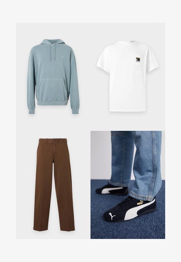 Haut à capuche bleu clair en tissu doux, avec une poche kangourou à l'avant, un cordon de serrage à la capuche et des bords côtelés aux poignets et à l'ourlet. Logo de marque simple affiché.; T-shirt en coton blanc à manches courtes avec une poche poitrine ornée d'un logo de montagne en noir et or. Design simple et épuré.; Pantalon marron à jambes droites avec fermeture à boutons et zip, passants pour ceinture et poches latérales, présenté sur un fond clair.; Baskets en daim noir avec accents blancs, arborant un logo doré. Portées avec un jean en denim bleu clair et posées sur une surface bleue texturée.