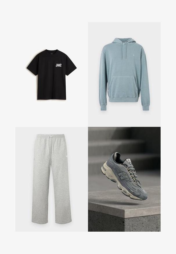 Sudadera azul clara hecha de tela suave, con un bolsillo canguro frontal, capucha con cordón y puños y dobladillo acanalados. Logo de la marca simple exhibido.; Vans CHAOS - Camiseta estampada - black; Pantalones deportivos gris claro con cordón, cintura elástica y piernas sueltas y rectas, mostrados sobre un fondo liso.; Zapatilla New Balance 1000 gris con suela, cordones y marca en color crema, flotando sobre un borde de concreto con escaleras desenfocadas en el fondo.