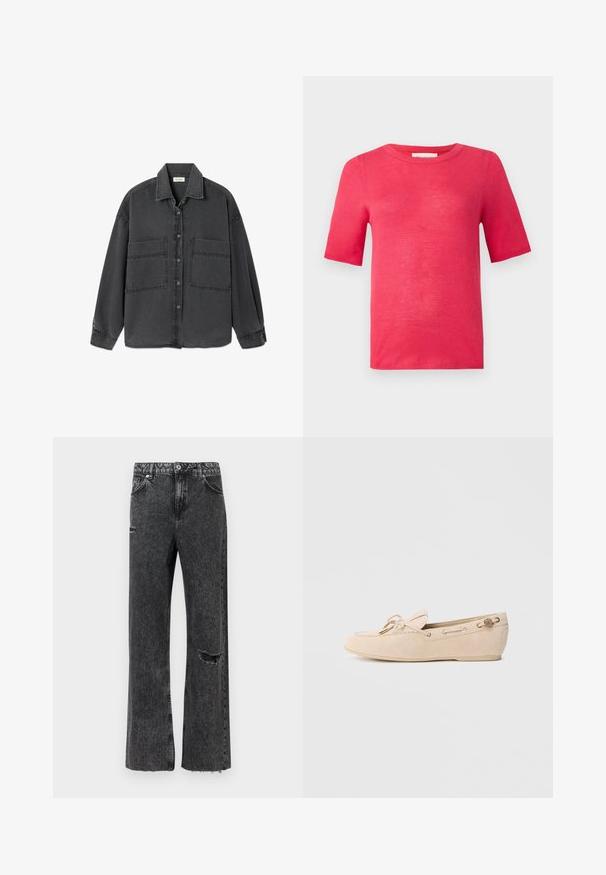 Kortom, een T-shirt met korte mouwen en ronde hals in levendig roze. Gemaakt van lichtgewicht materiaal met een gladde textuur en minimale naden.; Donkergrijze denim blouse met knopen, twee grote voorzakken en een klassieke kraag, plat gelegd op een witte achtergrond.; Wijd uitlopende jeans van gewassen zwarte denim, met een distressed kniedetail, rafelige zoom en een standaard knoopsluiting met zakken.; Beige suède instapschoen met veterdetails, goudkleurige veteroogjes, platte rubberen zool en een decoratief embleem op de hiel.