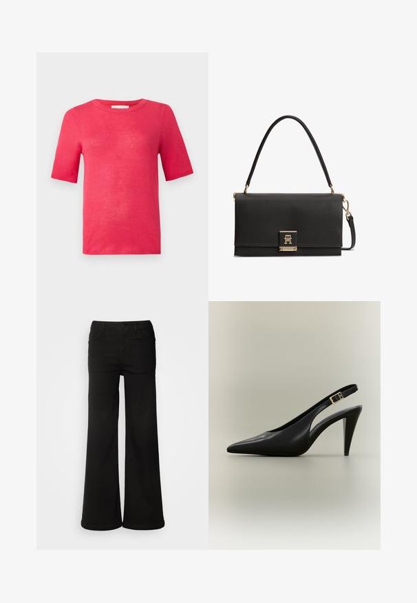 Kurzarm-T-Shirt mit Rundhalsausschnitt in leuchtendem Pink. Hergestellt aus leichtem Material mit glatter Textur und minimalen Nähten.; Schwarze, weit geschnittene Jeanshose aus Denim, mit vorderen Taschen, Knopfverschluss und einer glatten Textur mit sauberem Finish.; Schwarzer spitzer Slingback-Pumps aus Leder mit goldener Schnalle und einem zulaufenden Absatz vor neutralem Hintergrund.; Schwarze, strukturierte Lederhandtasche mit einem Tragegriff oben, goldfarbenem Verschluss mit ineinander verschlungenem TH-Logo und abnehmbarem Schulterriemen.