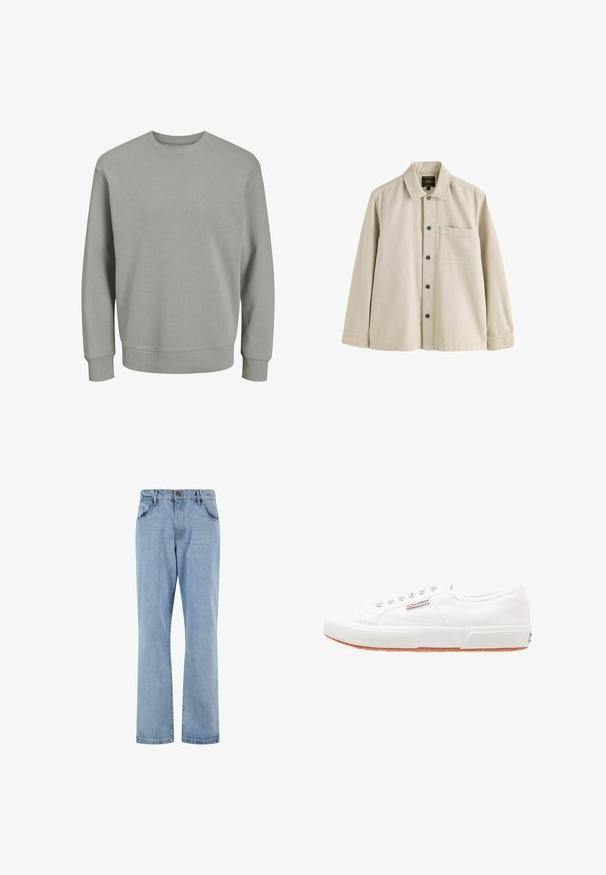 Lichtgrijze sweatshirt, gemaakt van zachte stof. Beschikt over een geribbelde ronde halslijn, lange mouwen en aansluitende manchetten en zoom. Eenvoudig ontwerp, zonder patronen.; Beige overhemd met lange mouwen, knopen, een kraag en één borstzak, gemaakt van stevig stof.; Lichtblauwe rechte spijkerbroek met voorzakken, riemlussen en knoopsluiting op een witte achtergrond.; Witte canvas sneakers met een rubberen zool, vetersluiting en een klein logolabel aan de zijkant. Gewreven wit bovenwerk en een bruine zool.