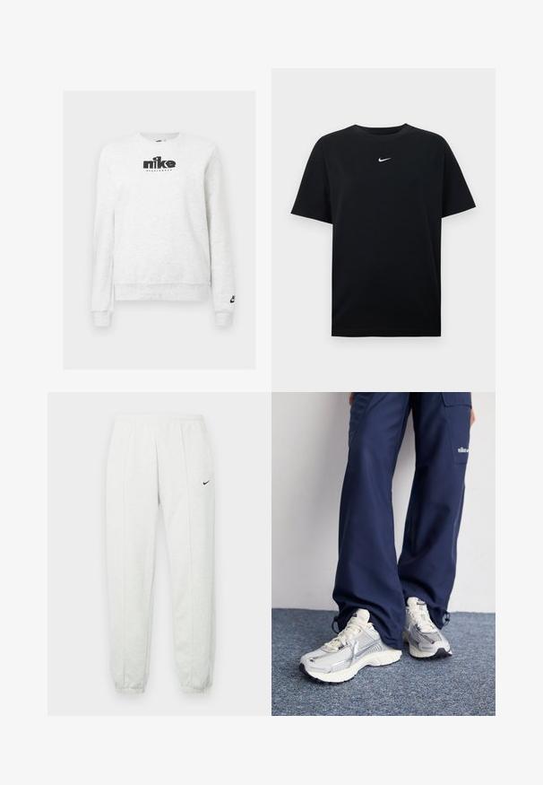 Sweatshirt blanc à manches longues Nike avec logo Nike Sportswear noir sur la poitrine et un logo plus petit sur le poignet de la manche gauche.; T-shirt en coton noir avec col rond et manches courtes. Présente un petit logo Nike blanc centré sur la poitrine. Texture lisse.; Pantalon de survêtement Nike gris clair avec une taille élastique, des poignets resserrés et un petit logo noir sur la cuisse gauche. Tissu doux et texturé.; Baskets de sport Nike avec une tige en maille argentée, des accents blancs et des semelles texturées, associées à un pantalon marine ample.