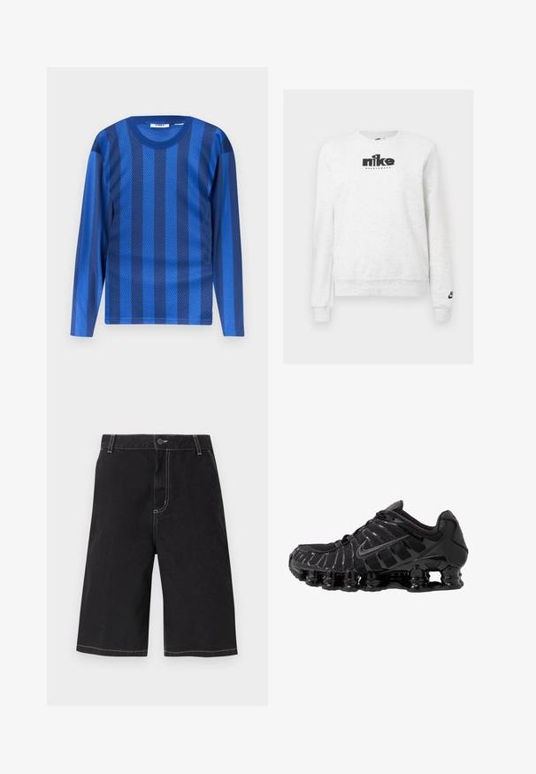 Λευκό μακρυμάνικο φούτερ Nike με μαύρο λογότυπο Nike Sportswear στο στήθος και μικρότερο λογότυπο στην μανσέτα του αριστερού μανικιού.; Μπλε πουκάμισο με μακριά μανίκια και εναλλασσόμενες σκούρες και ανοιχτές κάθετες ρίγες, κατασκευασμένο από διαπνέον ύφασμα πλέγματος.; Μαύρα τζιν σορτς μέχρι το γόνατο με λευκές ραφές αντίθεσης, θηλιές για ζώνη, κούμπωμα με κουμπί και μπροστινές τσέπες σε απλό φόντο.; Μαύρο αθλητικό παπούτσι με διχτυωτό επάνω μέρος και γυαλιστερές επενδύσεις. Διαθέτει καμπύλες ελαστικές αναρτήσεις και υφές στις πλευρές. Ο λογότυπος της Nike είναι ορατός.