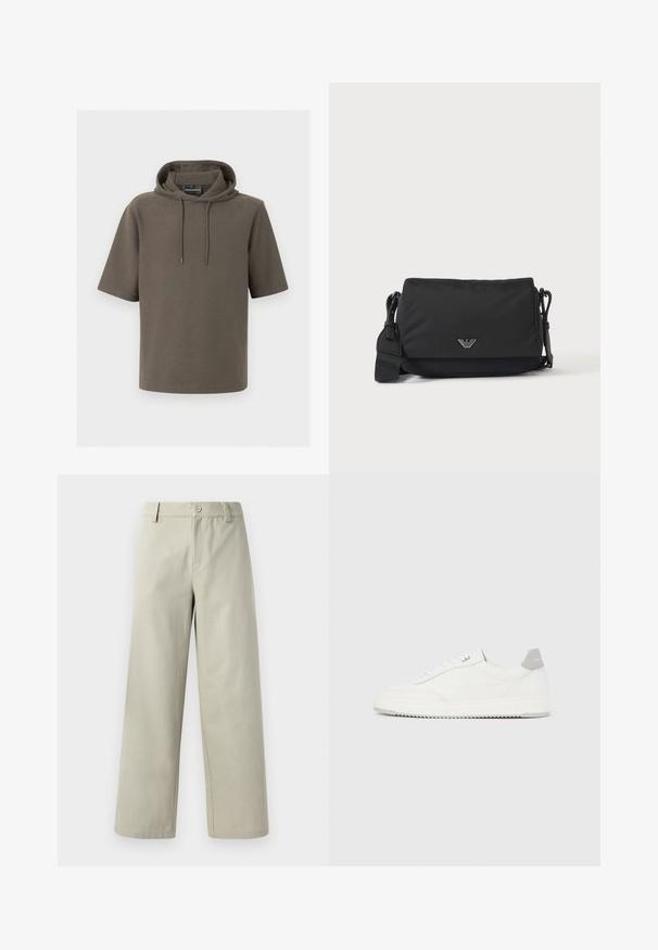 Kortermet olivengrønn hettegenser med frontlomme og snøring i hetten, med diskrete gjentatte pregete logoer.; Han Kjøbenhavn WIDE LEG - Bukse - light grey; Hvit lave sneakers med grå hælflik, hvite lisser og en teksturert såle, vist på en enkel lys bakgrunn.; Svart crossbody-veske med justerbar stropp og lite sølvlogo på frontklaff, vist på ensfarget lys bakgrunn.