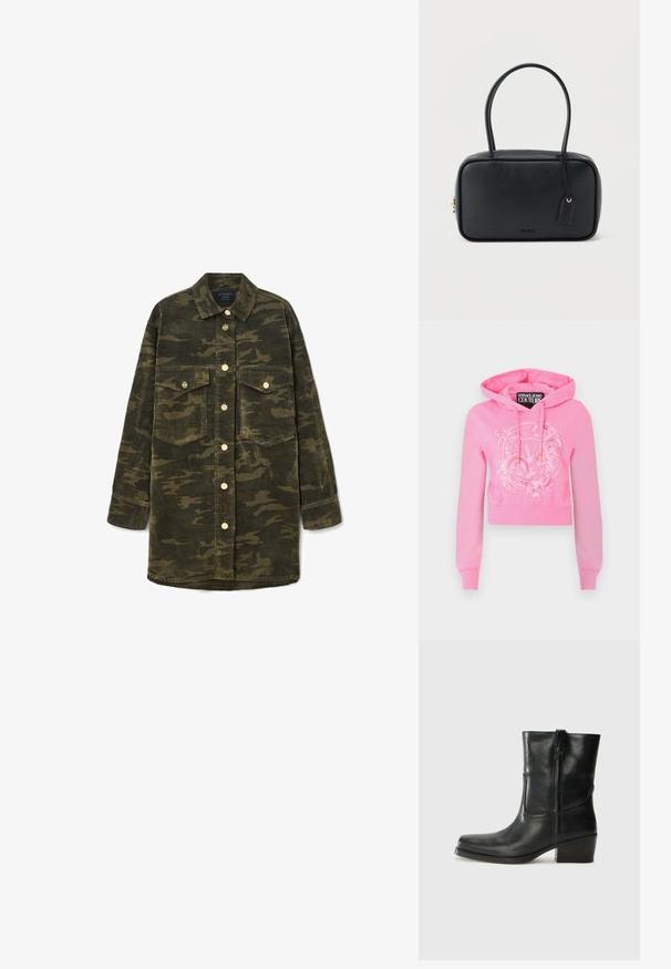Lyserød cropped hættetrøje med snore, ribbede ærmekanter og kant, med en hvid, udsmykket "Versace Jeans Couture"-logo på forsiden.; Langærmet grøn og brun camo kordfløjl skjortejakke med krave, knaplukning foran og to brystlommer med klap.; Sort læder ankelstøvle med rundt tå, blokhæl, lynlås i siden og stikninger på vampsiden. Glat tekstur, klassisk design.; Sort rektangulær håndtaske med dobbelte runde håndtag, gylden lynlås og præget "HUGO"-logo foran med fastgjort lædermærke.