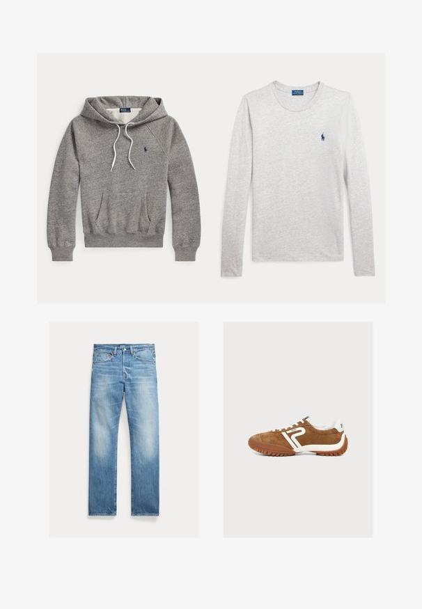 Sivá mikina s kapucňou, predným vreckom, bielymi šnúrkami, rebrovanými manžetami a malým tmavomodrým logom Polo Ralph Lauren na hrudi.; Svetlošedé tričko s dlhým rukávom a okrúhlym výstrihom s modrým logom Polo Ralph Lauren vyšívaným na ľavej strane hrudníka.; Svetlomodré rovné rifle s miernym vyblednutím, dizajn s piatimi vreckami a viditeľnou značkou Polo na páse.; Hnedá semišová teniska s bielymi akcentmi a hrubou hnedou podrážkou, s bielym logom "Polo" na boku a v oblasti päty, zobrazená na svetlom pozadí.