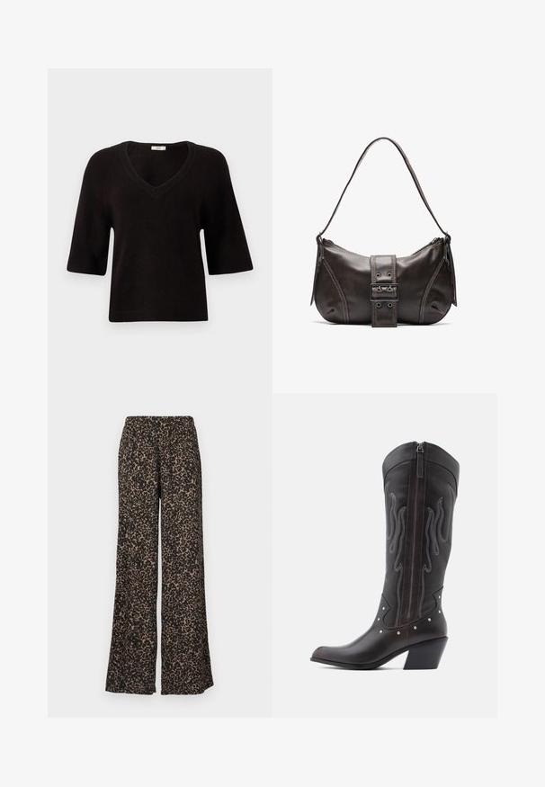 Sort strikket sweater med V-hals, korte ærmer og en afslappet pasform. Blød tekstur med ribbede detaljer ved kanten og ærmerne.; Bukser med vide ben med leopardprint i jordfarver af brun og sort, lavet af et blødt, let stof med en elastisk talje.; Brune læder cowboystøvler med flammebroderi, sidelukning med lynlås, sølvnitter, spids snude og lagdelt hæl.; Brun læder skuldertaske med en buet form, der har et fremtrædende spænde, kontrasterende syninger og en enkelt skulderrem.
