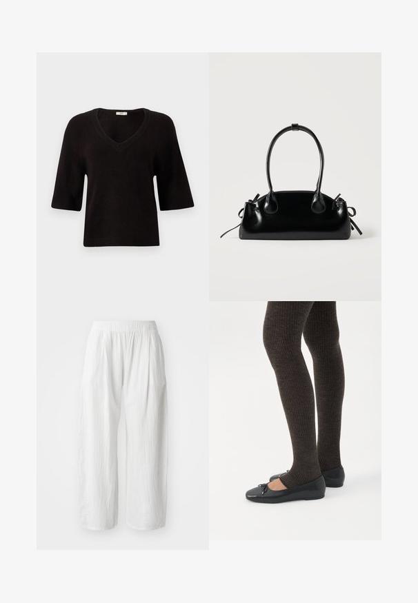 Pull en maille noir avec un col en V, des manches courtes et une coupe décontractée. Texture douce avec des accents côtelés au niveau de l'ourlet et des manches.; Pantalons blancs légers à jambes larges avec une apparence texturée et une taille élastique pour le confort. Pas de poches ni de fermetures visibles.; Jambes portant des leggings côtelés foncés associés à des ballerines noires avec de petits détails en nœud sur fond blanc.; Petit sac à main noir brillant avec deux longues anses et des détails à cordon sur les côtés sur un fond clair uni.