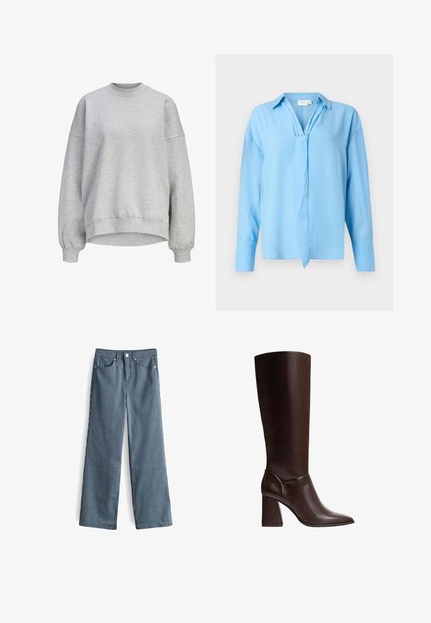 Sweat-shirt gris clair à manches longues avec poignets côtelés, col rond côtelé et ourlet arrière légèrement plus long.; Blouse à manches longues bleu clair avec un col et un détail de nœud à l'avant, fabriquée en tissu lisse, présentée sur un fond blanc.; Pantalons larges rayés bleu clair et blanc avec taille haute, comportant cinq poches et une fermeture à bouton à la taille.; Botte en cuir marron, montant jusqu'au genou, avec un bout pointu et un talon bloc, présentant une texture lisse et un design élégant. Broderies accentuées au niveau de la cheville.