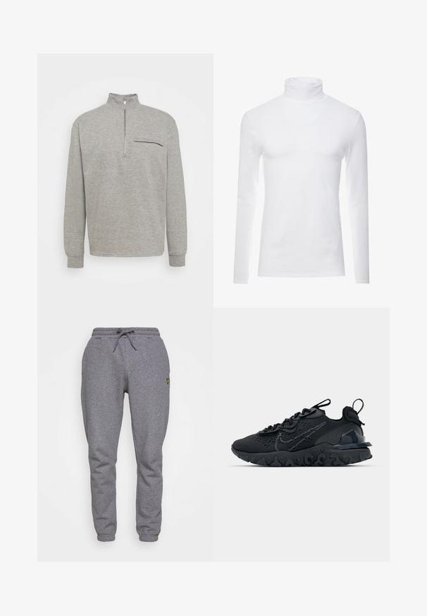 Grijze pullover met een halve rits, lange mouwen, een klein voorzakje en een zachte, gestructureerde stof. Eenvoudig en functioneel ontwerp.; Witte lange mouw turtleneck-shirt gemaakt van zachte, rekbare stof. Heeft een hoge kraag en een aangesloten ontwerp, wat zorgt voor een gestroomlijnde uitstraling.; Grijze katoenen sweatpants met een elastische tailleband, koord, zijzakken en een klein geel logo op de dij. Tapered leg ontwerp.; Zwarte sportieve schoen met een ademende bovenkant van mesh, gestructureerde accenten en een golvende rubberen zool. Heeft een reflecterende logo en vetersysteem.
