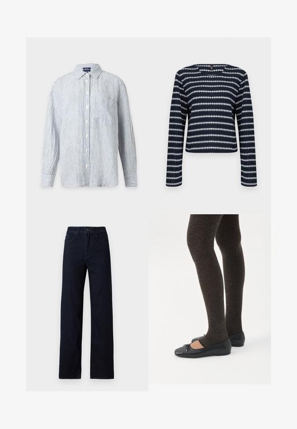 Pull à manches longues bleu marine et blanc avec un motif à rayures zigzag horizontales et un col rond sur un fond uni.; Chemise à manches longues boutonnée avec des rayures verticales blanches et bleu clair, une poche poitrine avant et un col classique.; Jeans en denim bleu foncé avec une coupe droite, comportant cinq poches, une fermeture à bouton sur le devant, et une texture subtile sans embellissements.; Jambes portant des leggings côtelés foncés associés à des ballerines noires avec de petits détails en nœud sur fond blanc.