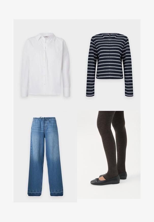 Langærmet marineblå og hvid mønstret sweater med vandrette zigzagstriber og rund halsudskæring på en ensfarvet baggrund.; Hvid skjorte med knapper, lavet af bomuld, med lange ærmer, klassisk krave og subtile syningsdetaljer.; Blå denim bukser med vide ben, elastisk talje og snøre, med lette falmede områder og syede kanter.; Ben iført mørke ribbede leggings kombineret med sorte balletsko med små sløjfedetaljer på hvid baggrund.
